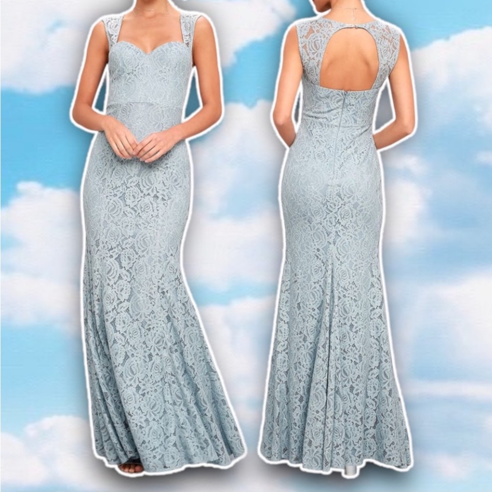 LULUS Rosetta Slate Blue Floral Lace Maxi Dress Homecoming Formal Evening Gown
